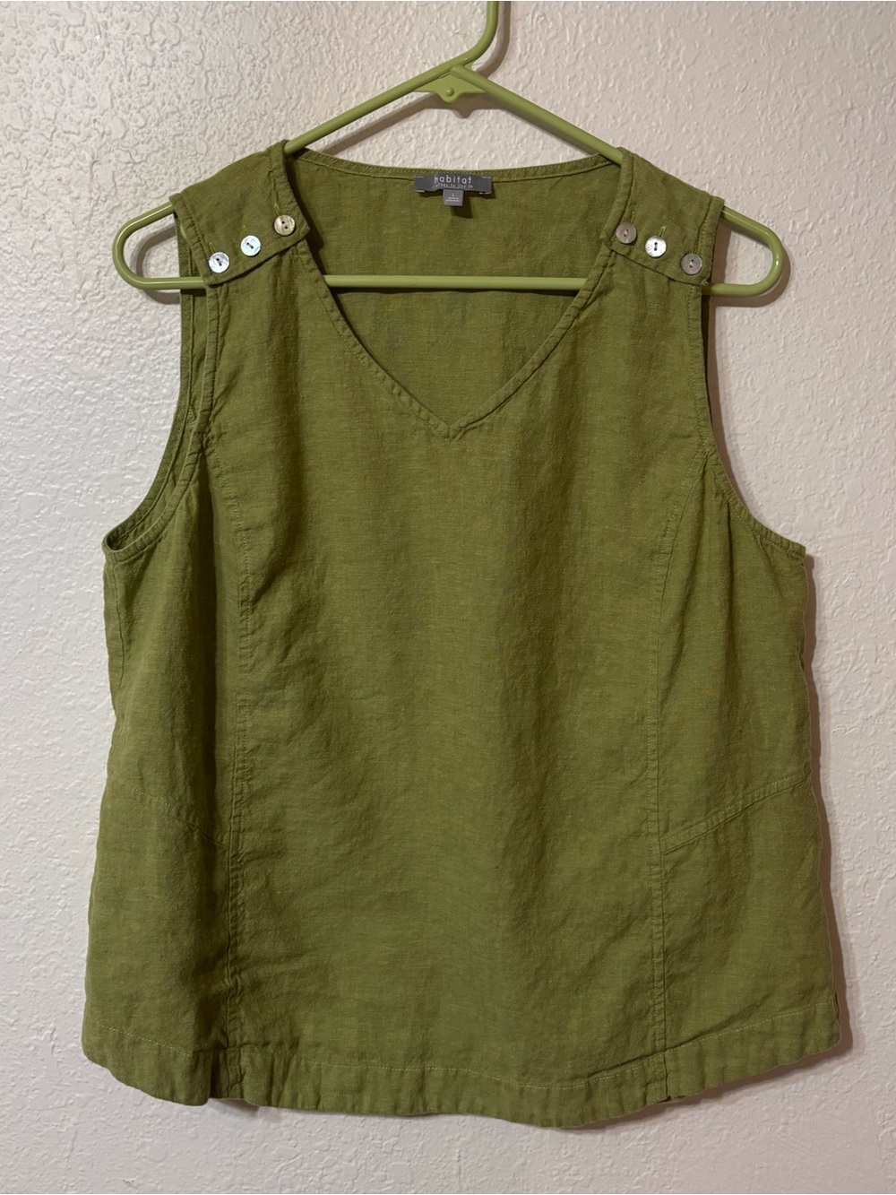 Habitat Olive Green Sleeveless Linen V-Neck Button Shoulder Top